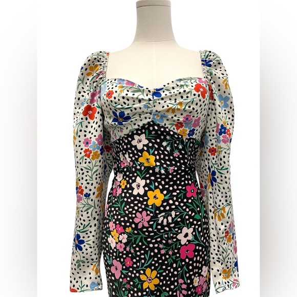 ASOS Satin Sweetheart Long Sleeve Floral Midi Dress Cottagecore Whimsical Sz 2 - Picture 4 of 11